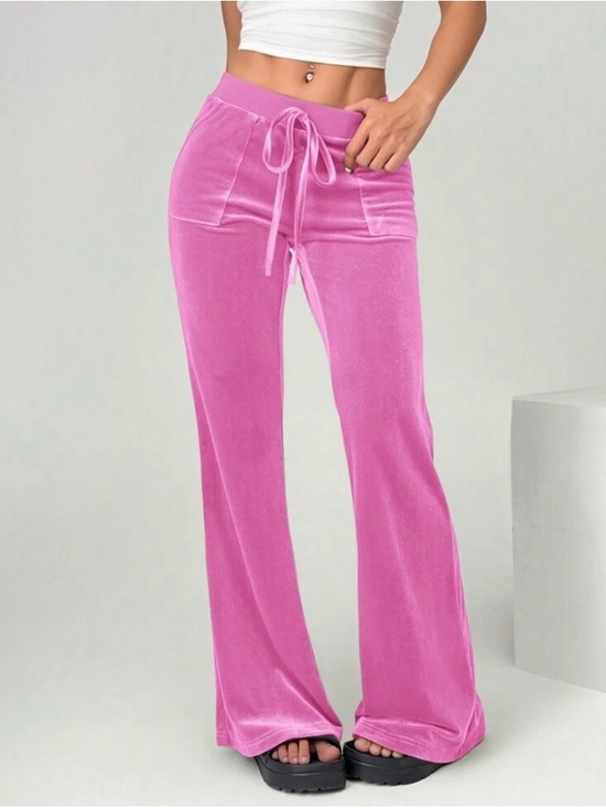 Pants - 4 / $20 Bubblegum Pink Velvet Drawstring Flared Lounge Pants with Patch Pockets